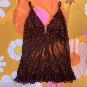 Rampage Brown Sheer Lingerie Top Pink polka dots